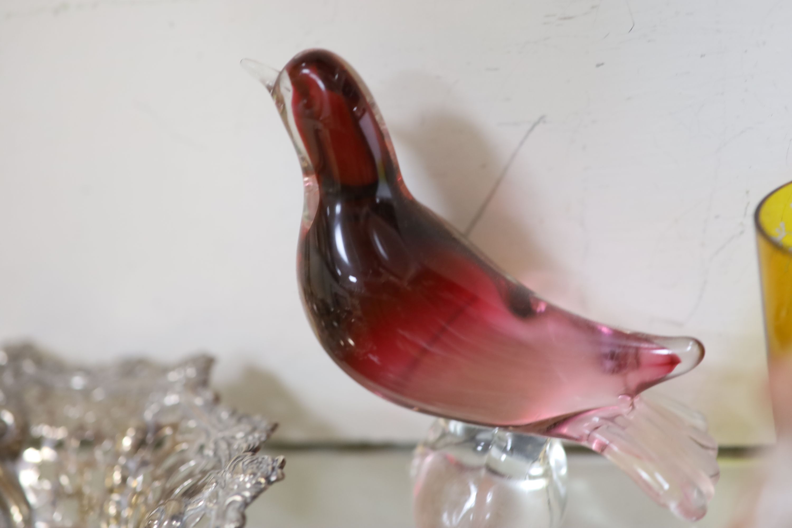 A small ivory figure, a silver and tortoiseshell box, four other boxes, glassware etc.